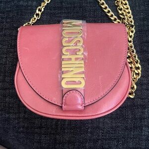 Moschino Pink Leather Crossbody with Gold Logo Chain